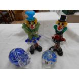 2 Murano glass clowns & 2 glass paperweights (1 being an elephant)