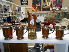 A set of 4 Georgian copper ale measures & a copper & brass miner's lamp