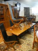 A large heavy solid mahogany topped refrectory dining table & set of 6 leather seated chairs