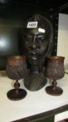 Wooden tribal bust and 2 goblets