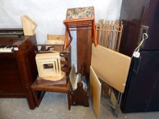 A quantity of wooden items including tile topped coffee table