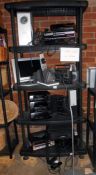 4 shelves of stereo's, record deck & other items, for spare or repair (NO RETURNS)