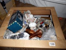 A box of china, pottery, copper etc