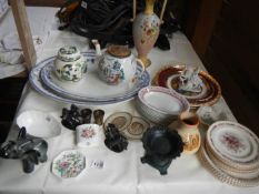 An interesting collection of china etc including 2 Victorian meat platters, Chinese teapot, Masons