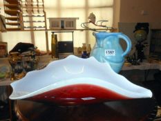 A Deco pottery jug and glass lustre bowl