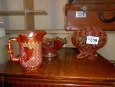 3 pieces of of Carnival glass and one other