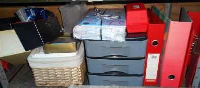A quantity of office binders, plastic drawers etc.