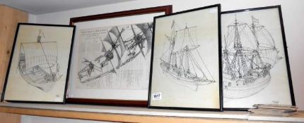 4 technical prints of boats