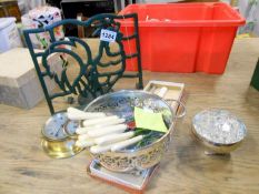 A quantity of metalware including cutlery & kitchen book stand etc.