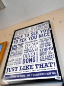 A framed and glazed poster featuring famous comedy catchphrases