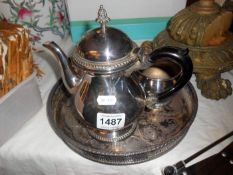 A silver plate tray, coffee pot etc