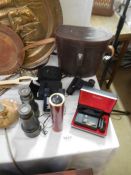 4 old binoculars and cameras
