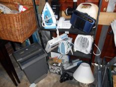 3 shelves of miscellaneous including iron, telephone & fan etc.