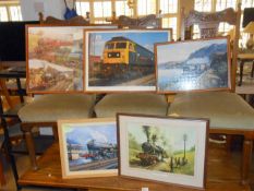 5 framed and glazed railway related prints and completed puzzles