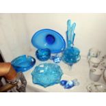 8 items of blue glassware including art bowl etc