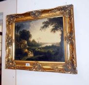 A gilt framed print of river scene with waterwheel