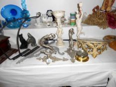 A quantity of miscellaneous including candleholders, brackets etc