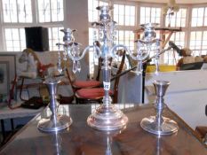 A 3 tier silverplate candelabra with droppers and 2 silverplate candlesticks