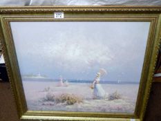 A framed oil painting of Edwardian beach scene