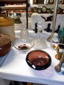 2 crystal decanters and 2 purples glass dishes