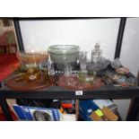 A shelf of glassware including Coronation ware
