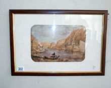 A framed and glazed watercolour of European lake/castle scene (signed but indisticnt)