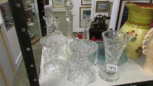 A mixed lot of glass ware including candlesticks