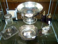 Mixed lot inc. silver card tray, silver napkin ring, silver topped pot, silver plate bowl, etc.