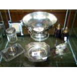 Mixed lot inc. silver card tray, silver napkin ring, silver topped pot, silver plate bowl, etc.