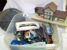 A collection of railway items including 3 boxed Graham Farish carriages scenery etc.