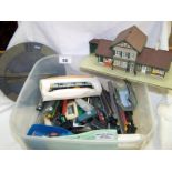 A collection of railway items including 3 boxed Graham Farish carriages scenery etc.