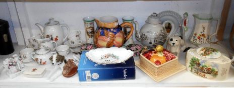 Quantity of ceramics inc. 1930's child's tea set, pomegranate style jug, dog figures etc.