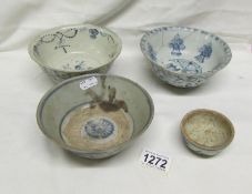 4 early Chinese blue and white bowls