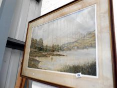 A framed & glazed water colour 'English lake scene with distant mountains' signed H.V.