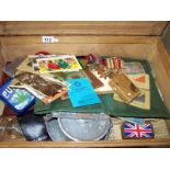 An original soldiers de-mob case and contents including medals and fuel ration book etc.