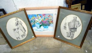 2 pencil drawings of Victorian characters and a floral picture