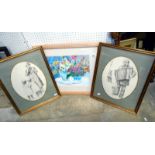 2 pencil drawings of Victorian characters and a floral picture