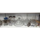 Shelf of glass and silver plate inc. cake stands, decanter etc.