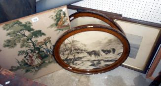 5 pictures inc. silk tapestry, engravings etc.