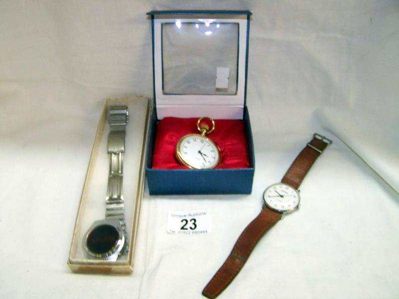 2 wristwatches and a pocket watch