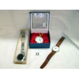 2 wristwatches and a pocket watch