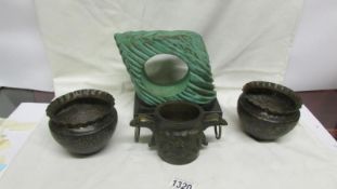 3 bronze pots and an item of sculpture