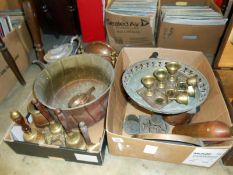 2 boxes of brass and copper inc. saucepans, hand bells etc.