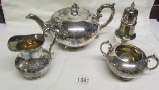 A 3 piece silver plated James Dixon tea service and a Barker Ellis sugar sifter