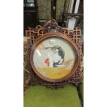 A carved frame with oriental cockerel picture a/f