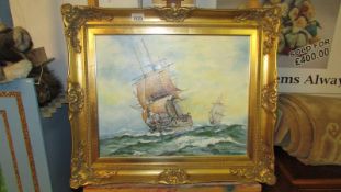 A gilt framed oil on board At Full Sail signed D Frow image 5cm x40cm