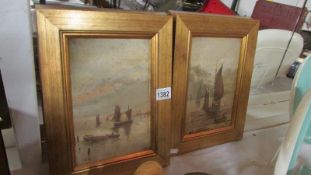 A pair of gilt framed oils on board of fishing boats (image 24 x 16cm)