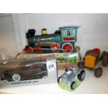 Boxed tinplate train, Mettoy tractor,