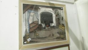 A Gouach painting of crofter's interior (label on reverse reads Cuetra Interior Co.