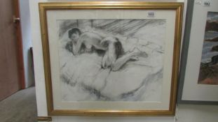 A goauche and charcoal reclining nude by Lewis Davis (1939-2010) initialled L D